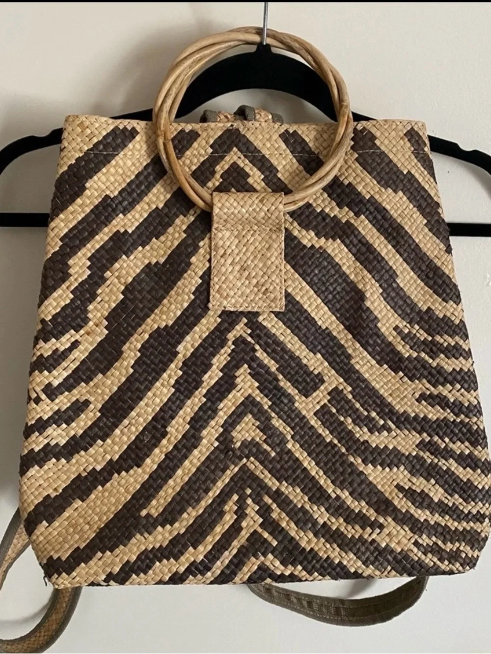 Anthropologie Zebra-Print Woven Straw Backpack in Natural and Dark Brown